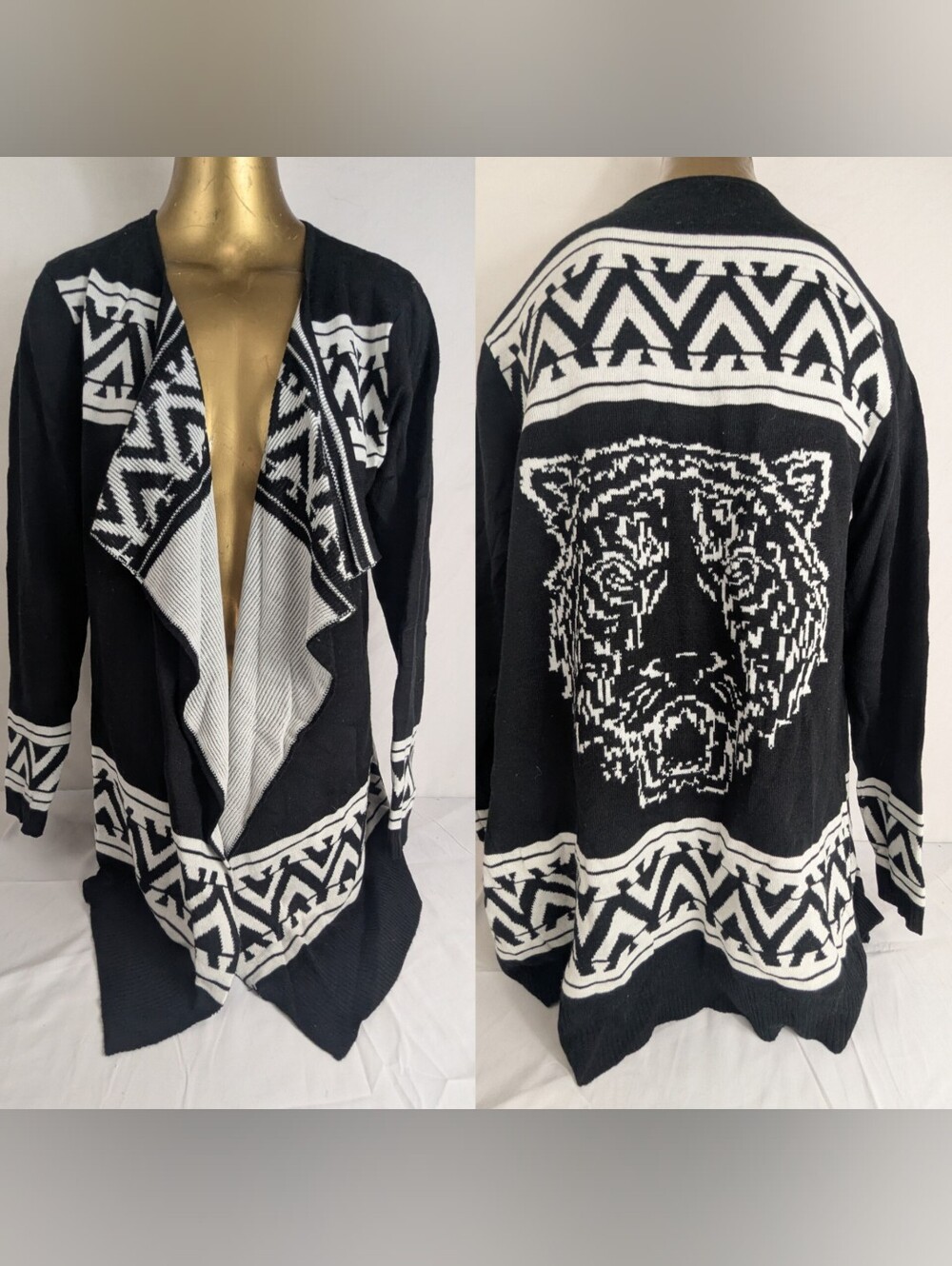Material Girl Tiger Graphic Open Cardigan Sweater Black & White Large